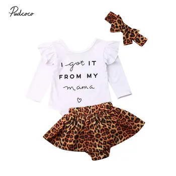 2019 Детская Весенне-осенняя одежда для новорожденных девочек, Мягкий хлопковый топ с оборками, ползунки, леопардовые юбки, повязка на голову, наряды из 3 предметов