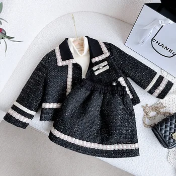 2023 Корейский Модный Комплект зимней одежды для маленьких девочек, Утепленная куртка с блестками для младенцев + Короткие юбки, Детское Элегантное платье и юбка
