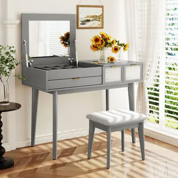 43,3-дюймовый Классический деревянный туалетный столик для макияжа с зеркалом с откидной крышкой и табуреткой, туалетный столик с тремя ящиками и местом для хранения, серый