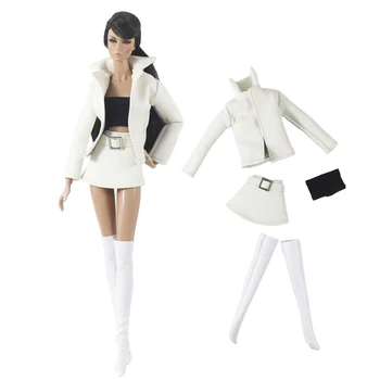 NK Official, 4 предмета/комплект одежды, Модная белая куртка + юбка из искусственной кожи + сумка + Чулок для куклы Barbie 1/6 BJD, аксессуары для одежды