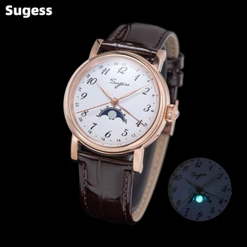 Sugess Мужские часы Tianjin ST2108, наручные часы с автоподзаводом, стрелки даты, Сапфировое стекло, Роскошная Водонепроницаемая Светящаяся Фаза Луны