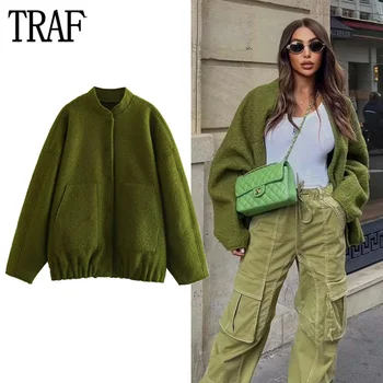 TRAF Зеленая куртка-бомбер, женские пальто, Твидовая куртка оверсайз, женские базовые куртки с длинным рукавом, осенняя повседневная длинная куртка
