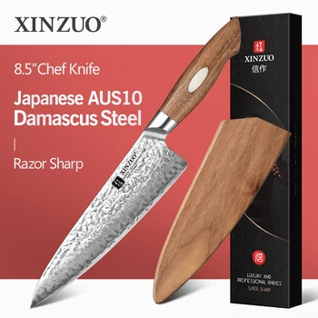 XINZUO 8,5-дюймовый нож шеф-повара Японский AUS-10 Кухонные ножи из дамасской стали 60 ± 2HRC Из нержавеющей стали для нарезки мяса Кулинарный нож