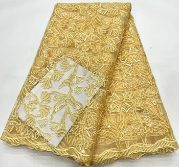 Африканская кружевная ткань 5 ярдов 2023 года, высококачественная Роскошная вышивка пайетками, Нигерийское свадебное платье, Французская кружевная ткань