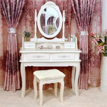 Белый туалетный столик для макияжа с табуреткой, 4 выдвижными ящиками и зеркалом, украшения Деревянный стол