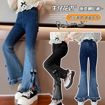 Весенне-осенние джинсы для девочек, модные широкие джинсы 2023 года, одежда для девочек-подростков в корейском стиле, детская верхняя одежда