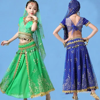 Восточное Индийское платье для девочек, комплект детских костюмов для танца живота, одежда для индийских танцев в Болливуде, костюм для выступлений
