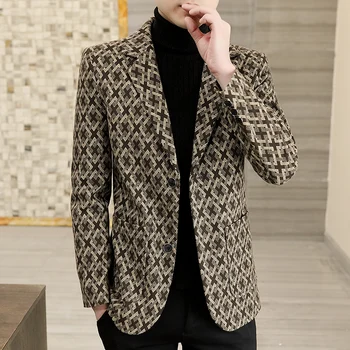 Высококачественный мужской осенний клетчатый пиджак в корейском стиле, приталенные повседневные деловые блейзеры, уличная одежда, светские свадебные пальто