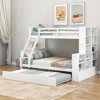 Двуспальная двухъярусная кровать с выдвижным ящиком и полками, может быть разделена на три Отдельные кровати-платформы, Прочная Двухъярусная кровать, Белый