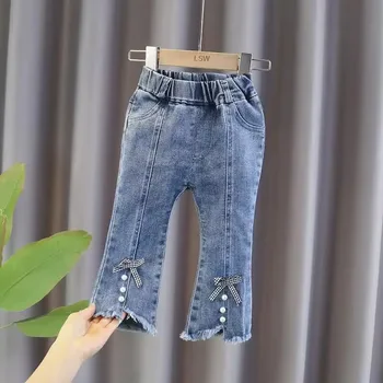 Детские джинсы для девочек 2023 года, Новые Модные Детские брюки Весенне-осеннего выпуска в Корейском стиле, Тонкие расклешенные брюки