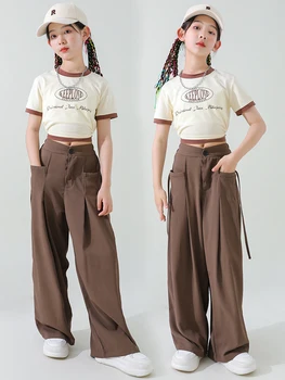 Детский джазовый костюм, современная танцевальная одежда для девочек, укороченные топы, коричневые брюки, летняя повседневная одежда для танцев в стиле хип-хоп, Kpop BL10811