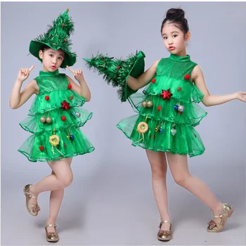 Детский Зеленый костюм Рождественской елки для девочек, шляпа, платье, топы, наряды для вечеринок, Косплей Эльфа, Детский душ, костюмы для выступлений в детском саду