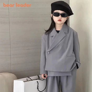 Детский комплект Bear Leader /2023, Осенний Новый костюм для девочек, пальто на одной пуговице с косой передней частью + Свободные брюки, комплект из 2 предметов, Модный комплект для малышей
