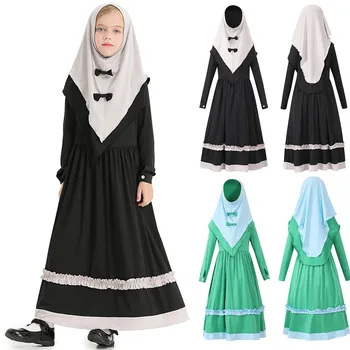 Детское платье-халат для девочек, весенне-осенний национальный костюм с длинными рукавами для малышей, Винтажное длинное платье с платком на голове от 2 до 12 лет