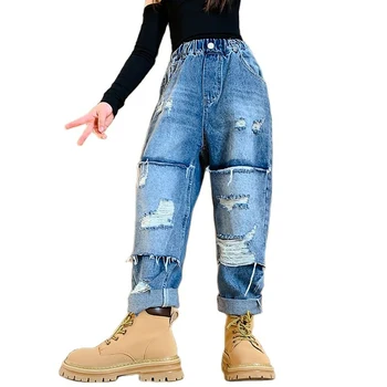 Джинсы для девочек, джинсы с большими дырками для девочек, весенне-осенние джинсы, детская одежда в стиле кэжуал, 6 8 10 12 14
