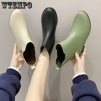 Женские непромокаемые ботинки WTEMPO Velvet, сохраняющие тепло, резиновые женские прогулочные непромокаемые ботинки с флисовой подкладкой по щиколотку, повседневные ботинки с толстой подошвой
