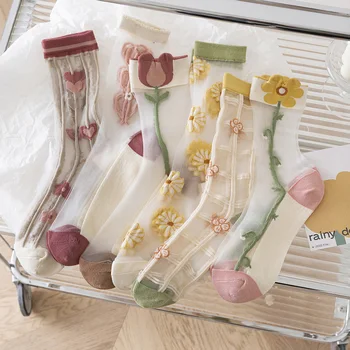 Женские прозрачные хрустальные шелковые носки с вышивкой в виде цветка, эластичный длинный носок с цветочным рисунком тюльпана, Ультратонкие Летние ретро-Лолита Каваи