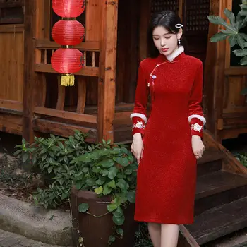 Женское красное модифицированное вечернее платье чонсам, Новый стиль, цветочная вышивка, утолщенное китайское приталенное современное платье чонсам