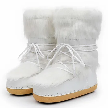 Зимние ботинки 2023 года Женские лыжные ботинки с пушистой ворсистой шнуровкой на платформе до середины икры без каблука с белыми лыжными ботинками