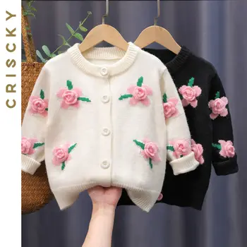Кардиган для девочек, одежда 2023, новые детские свитера, осень-зима, вязаный свитер с длинными рукавами и цветочным рисунком для девочек, детское пальто
