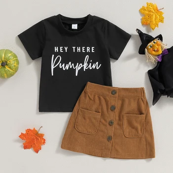 Комплект детской одежды для девочек, футболка с круглым вырезом и буквенным принтом с вельветовой юбкой, детская одежда на Хэллоуин