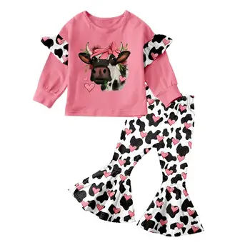 Комплекты одежды для девочек на День Святого Валентина, Хайлендские коровы, Вестерн, Розовое сердце, Леопардовые расклешенные брюки с длинным рукавом.