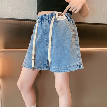Корейская детская одежда 2023, Летние джинсовые брюки с эластичным шнурком и высокой талией, с надписью 