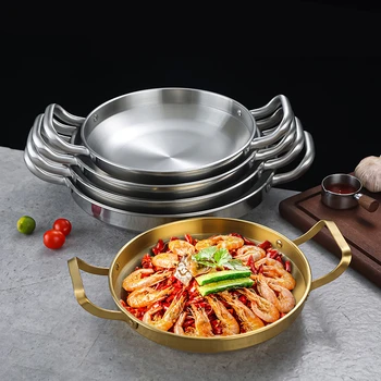 Корейская неглубокая кастрюля из нержавеющей стали с двойным ухом, сухие горшки для приготовления морепродуктов, сковорода для паэльи, Кухонная посуда