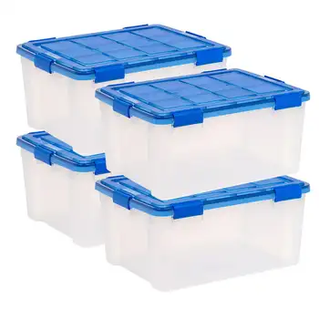 Коробка для хранения из прозрачного пластика с прокладкой WeatherPro ™ объемом 60 литров с крышкой, синяя, набор из 4 штук