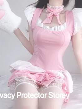 Косплей Аниме Сексуальное розовое платье горничной Лолиты, Японское милое Женское платье Каваи, костюм для ролевых игр, костюм для вечеринки в честь Хэллоуина, Потому что официантка-горничная