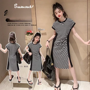 Летнее платье для девочек, Длинная Приталенная футболка в корейскую полоску, Юбка в корейскую полоску с коротким рукавом, Тонкое платье большого размера для девочек