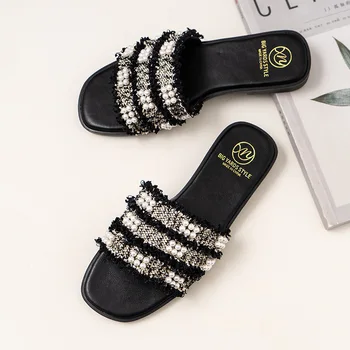 Летние женские тапочки на плоской подошве с открытым носком, легкая пляжная обувь, Женские широкие черные сандалии для женщин, уличные Zapatillas Mujer