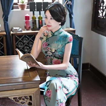 Летний Длинный Зелено-Белый Чонсам Весна-Лето Улучшенного Темперамента Элегантная Китайская Традиционная Одежда Qipao Dress для Женщин