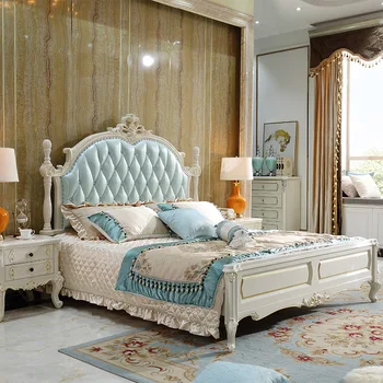 Мебель для спальни Европейская кожаная кровать двуспальная кровать роскошная кровать из воловьей кожи с американским изголовьем резная мебель из массива дерева