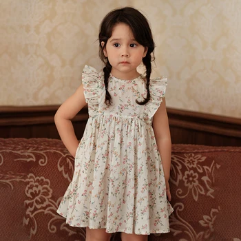 Милая детская одежда, платье с цветочным рисунком для девочек, Лето 2023, Новая детская одежда из чистого хлопка в сельском стиле с короткими рукавами