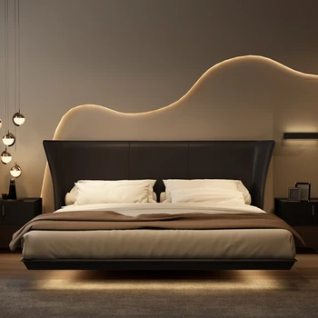 минималистская кожаная кровать маленькая квартира ветер черная плавающая кровать современная минималистская двуспальная кровать в главной спальне супружеская кровать
