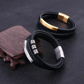 Модные многослойные винтажные браслеты с магнитной застежкой из нержавеющей стали, мужской кожаный браслет, ювелирные изделия в стиле панк