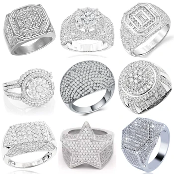 Модные мужские кольца в стиле хип-хоп, кольцо из медно-цинкового сплава, инкрустированное льдом, Классический Кубический цирконий, Геометрические подвески-кольца