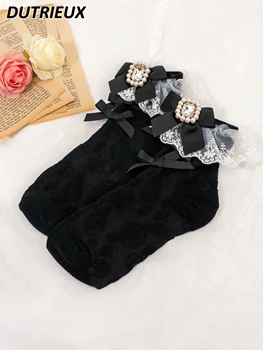 Модные носки в стиле Лолиты, однотонные кружевные носки Rojita с бантом для девочек, женские осенне-зимние милые носки в японском стиле для женщин