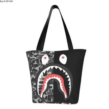 Модный камуфляжный принт, сумка для покупок, Моющаяся Холщовая сумка для покупок, сумка с зубами Акулы