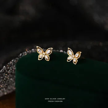 Настоящее серебро 999 пробы, модные романтические серьги-гвоздики с бабочками из циркона для женщин, свадебные изысканные украшения