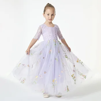 Новое летнее платье с кружевной вышивкой для девочек, детские платья принцессы с длинным рукавом, детское длинное платье по щиколотку.