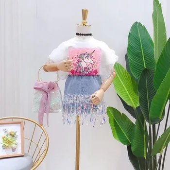 Новый летний кружевной топ с мультяшным принтом для маленьких девочек с Единорогом + Джинсовая юбка с пайетками, комплект детской сетчатой одежды для дня рождения с короткими рукавами