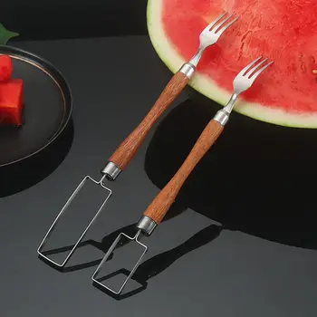 Нож для нарезки арбузов, вилка для резки фруктов с деревянной ручкой, гладкие края, нож из нержавеющей стали 2 в 1 для дома