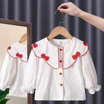 Одежда для девочек от 6 до 7 лет, детская весенне-осенняя белая рубашка, кардиган с милым бантом, повседневная рубашка с длинными рукавами для малышей