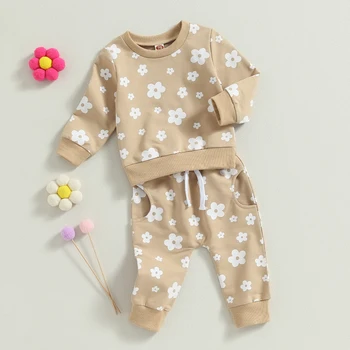 Одежда для маленьких девочек с цветочным принтом, осенние наряды для новорожденных, повседневная толстовка с длинным рукавом, топы, штаны на шнурке, комплект из 2 предметов, детские костюмы