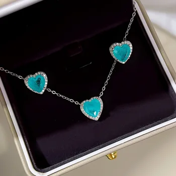 Ожерелье с любящим сердцем из стерлингового серебра 925 пробы, женские серьги-гвоздики с имитацией драгоценного камня Paraiba, классические модные хит продаж