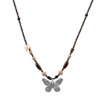 Ожерелье с разноцветной бабочкой из бисера, богемное ожерелье из рисовых бусин для девушки E0BE