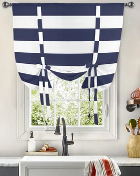 Оконные шторы в темно-синюю и белую полоску, занавески на завязках для кухни, гостиной, регулируемые карманные шторы на штанге