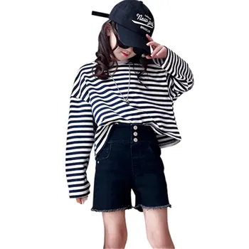 Осенние модные полосатые топы с принтом для девочек-подростков, хлопковые кофты в Корейском повседневном стиле с длинным рукавом, детские хлопковые футболки от 4 до 14 лет